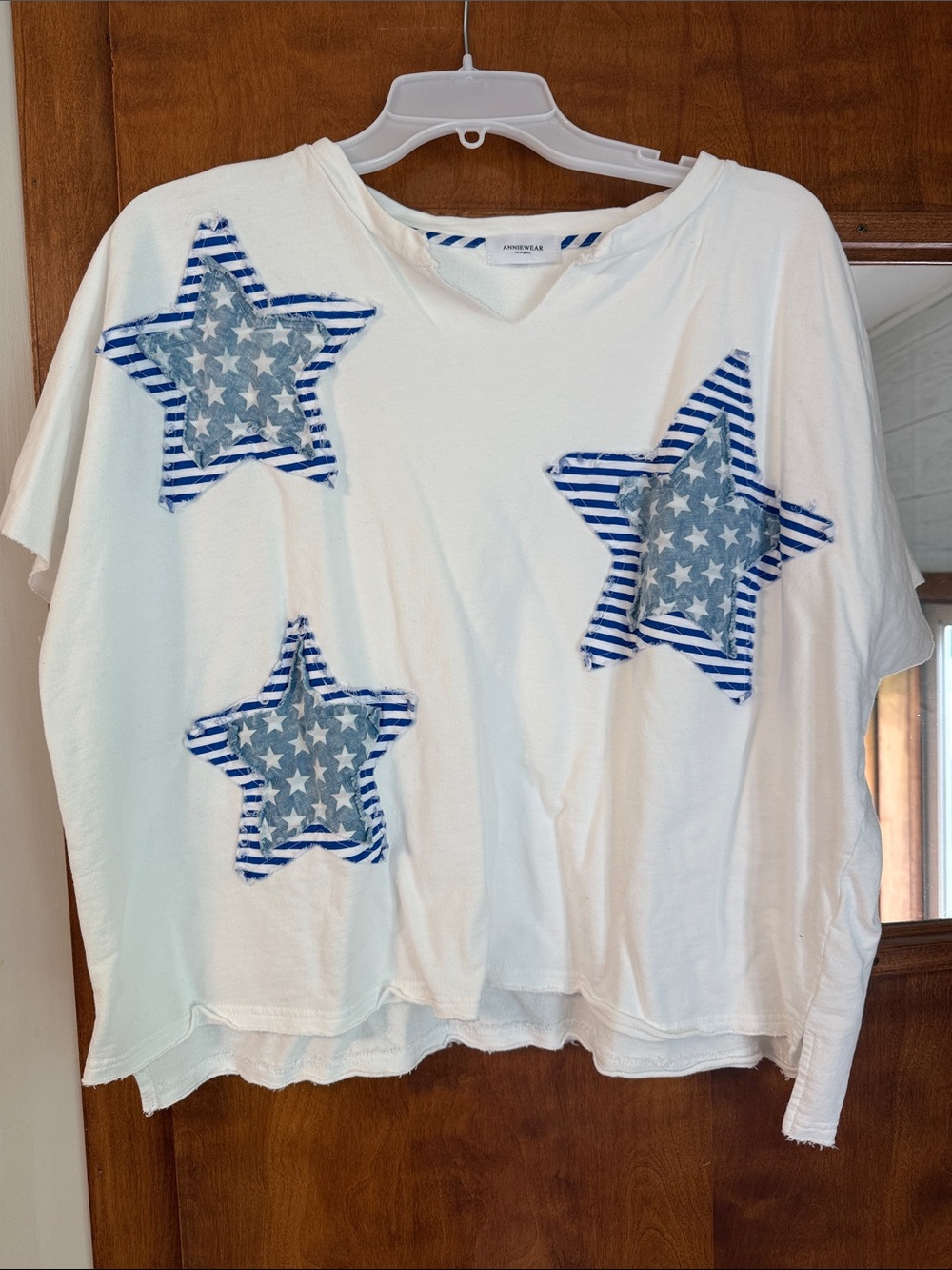 Star Appliqué White Boxy Tee with Blue Stars